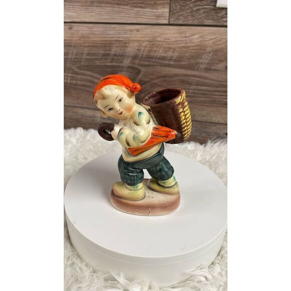 Handpainted ROYAL Japan Figurine Boy The Shopper Basket on Back 5 1/2” Tall - Picture 1 of 8